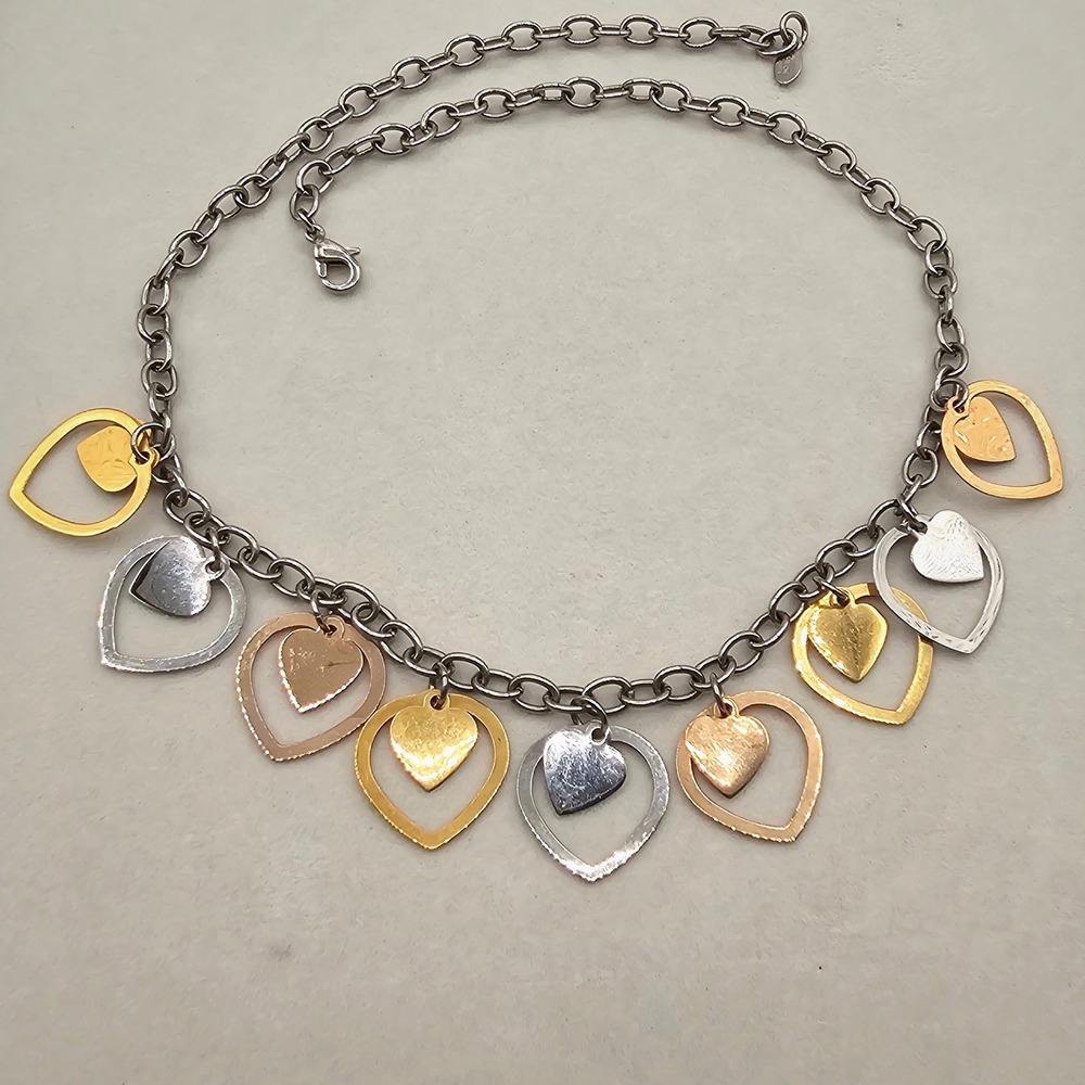 Milor Stainless Steel Heart Charm Necklace Tri Tone Mixed Metal Cable Chain 20in
